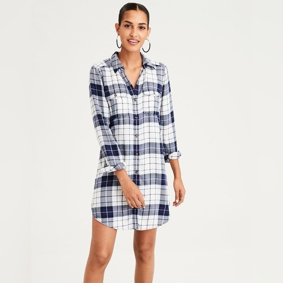 American Eagle Outfitters Dresses & Skirts - Women's American Eagle Plaid Shirt Dress, Navy Blue & Cream, XS​​​​